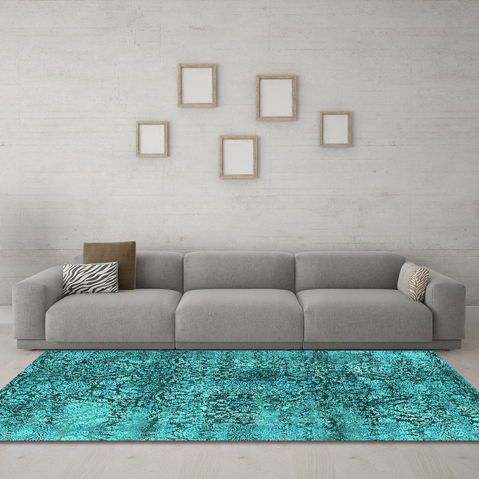 Machine Washable Oriental Turquoise Industrial Area Rugs in a Living Room,, wshurb1447turq