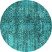Round Machine Washable Oriental Turquoise Industrial Area Rugs, wshurb1447turq