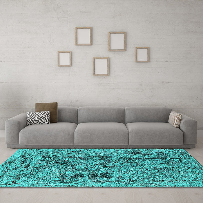 Machine Washable Oriental Turquoise Industrial Area Rugs in a Living Room,, wshurb1448turq