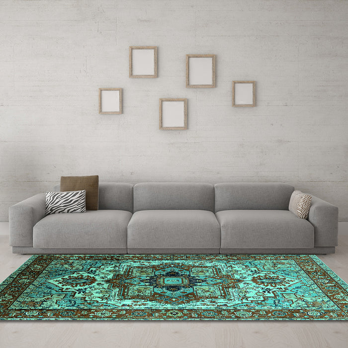 Machine Washable Oriental Turquoise Industrial Area Rugs in a Living Room,, wshurb1449turq