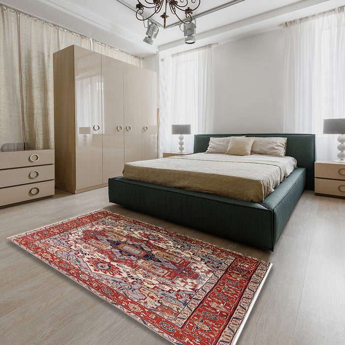 Mid-Century Modern Saffron Red Oriental Rug in a Bedroom, urb1449