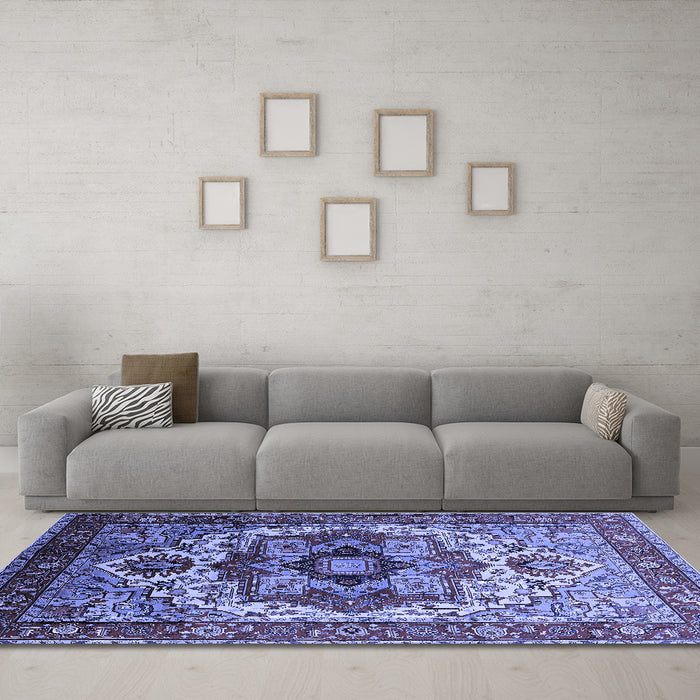 Machine Washable Oriental Blue Industrial Rug in a Living Room, wshurb1449blu