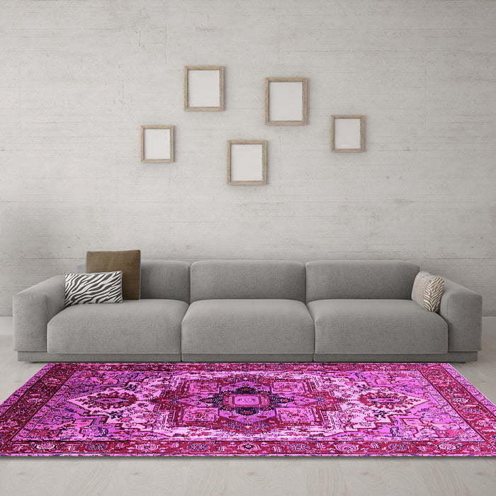 Machine Washable Oriental Pink Industrial Rug in a Living Room, wshurb1449pnk