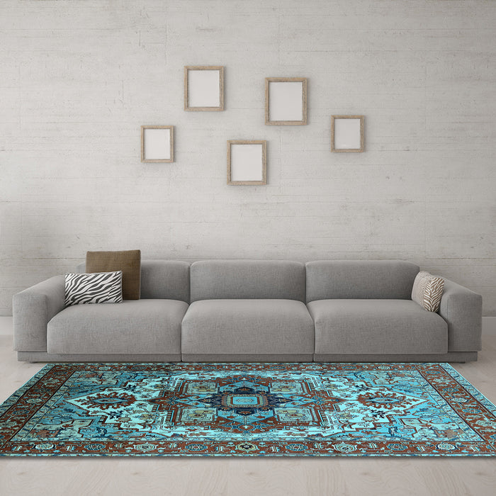 Machine Washable Oriental Light Blue Industrial Rug in a Living Room, wshurb1449lblu