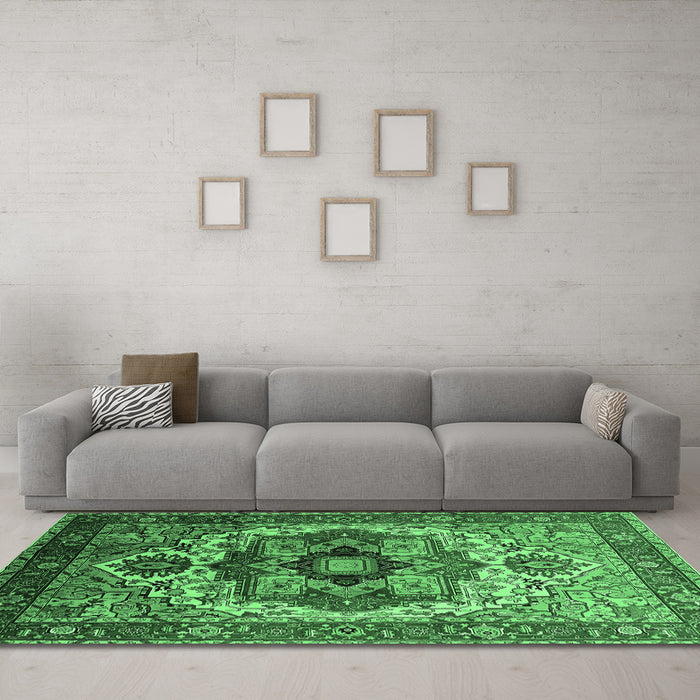 Machine Washable Oriental Emerald Green Industrial Area Rugs in a Living Room,, wshurb1449emgrn