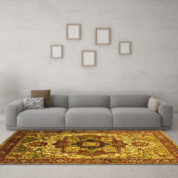 Machine Washable Oriental Yellow Industrial Rug in a Living Room, wshurb1450yw
