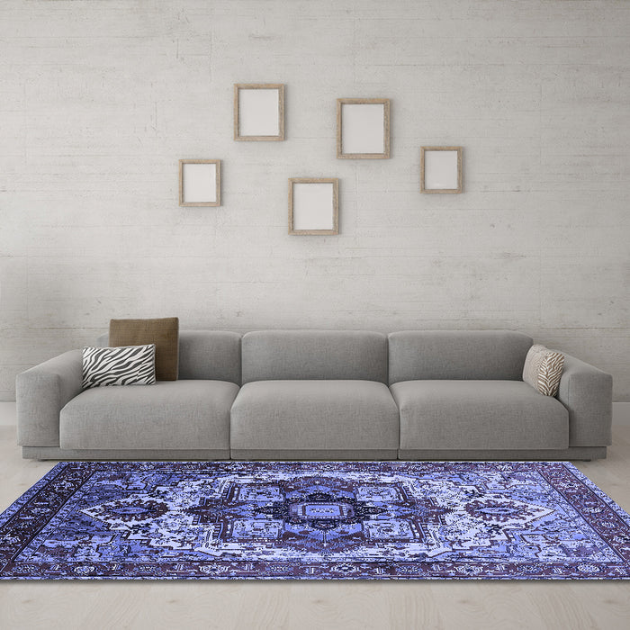 Machine Washable Oriental Blue Industrial Rug in a Living Room, wshurb1450blu