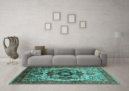 Machine Washable Oriental Turquoise Industrial Area Rugs in a Living Room,, wshurb1450turq