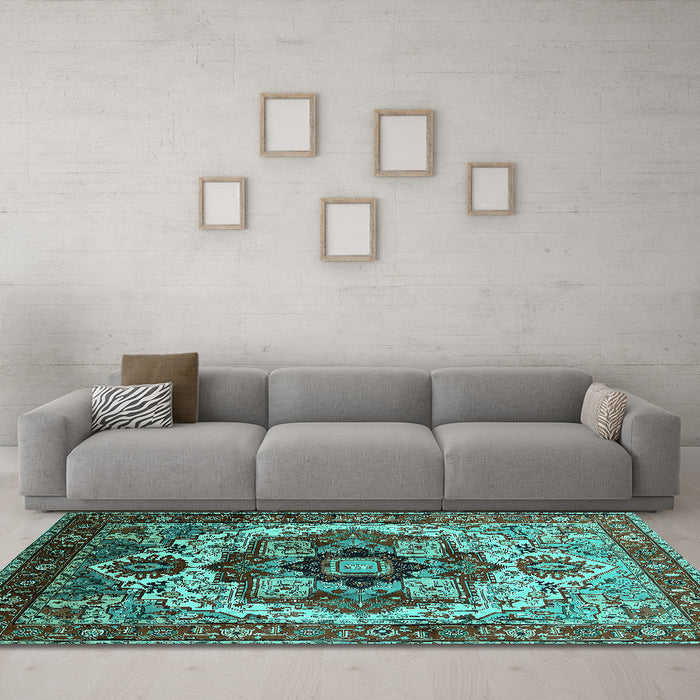 Machine Washable Oriental Turquoise Industrial Area Rugs in a Living Room,, wshurb1450turq