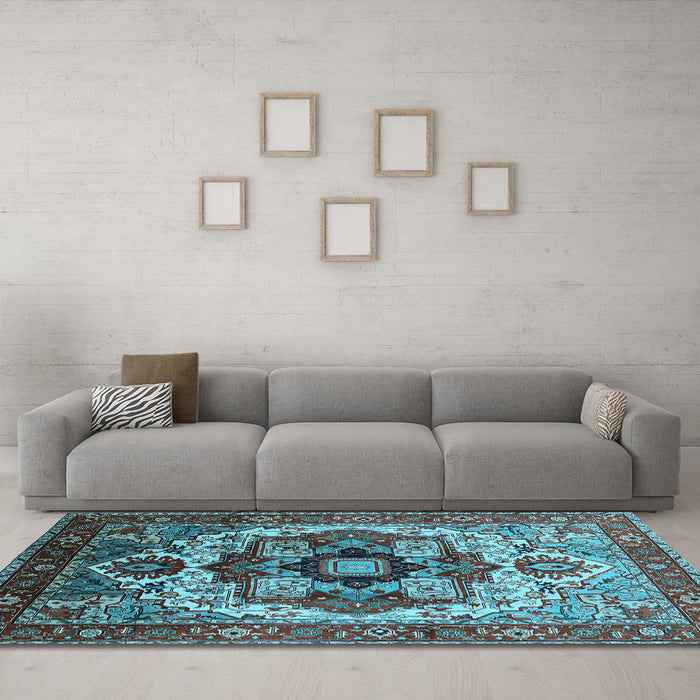 Machine Washable Oriental Light Blue Industrial Rug in a Living Room, wshurb1450lblu