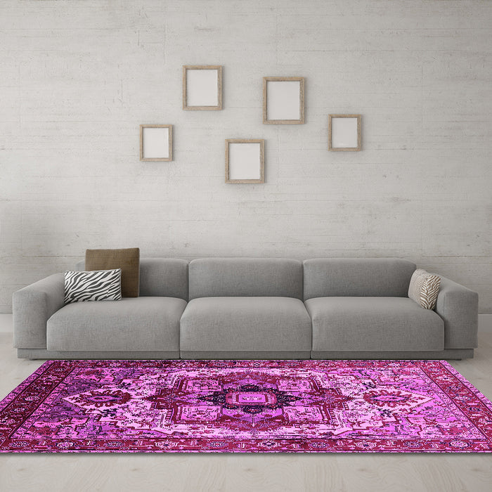 Machine Washable Oriental Pink Industrial Rug in a Living Room, wshurb1450pnk