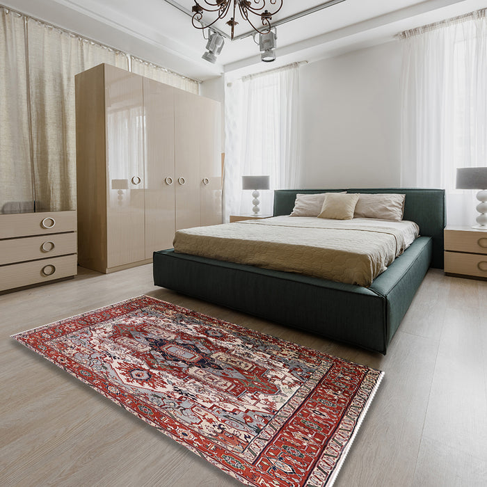 Mid-Century Modern Saffron Red Oriental Rug in a Bedroom, urb1450