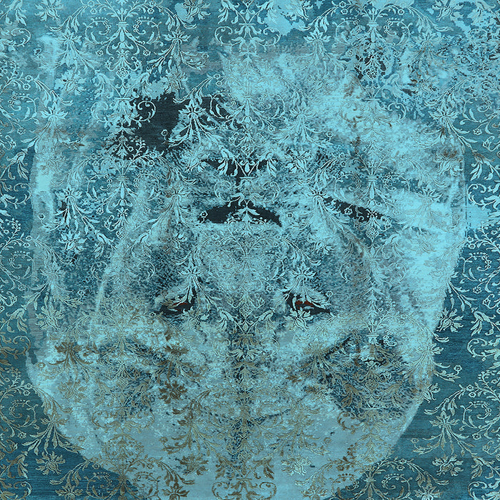 Square Machine Washable Oriental Light Blue Industrial Rug, wshurb1451lblu