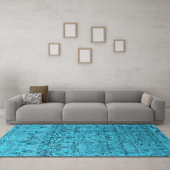 Machine Washable Oriental Light Blue Industrial Rug in a Living Room, wshurb1452lblu
