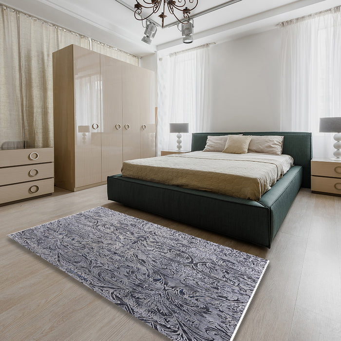 Mid-Century Modern Gray Oriental Rug in a Bedroom, urb1452