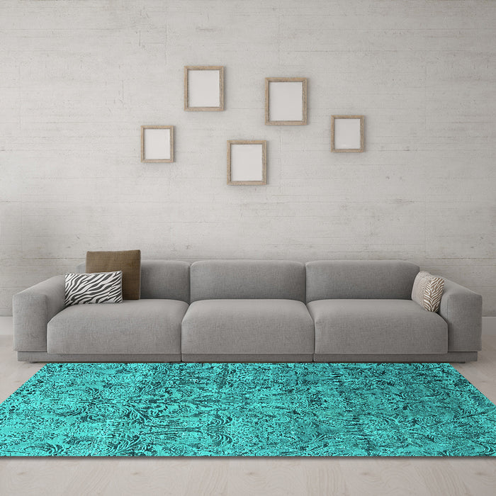 Machine Washable Oriental Turquoise Industrial Area Rugs in a Living Room,, wshurb1452turq