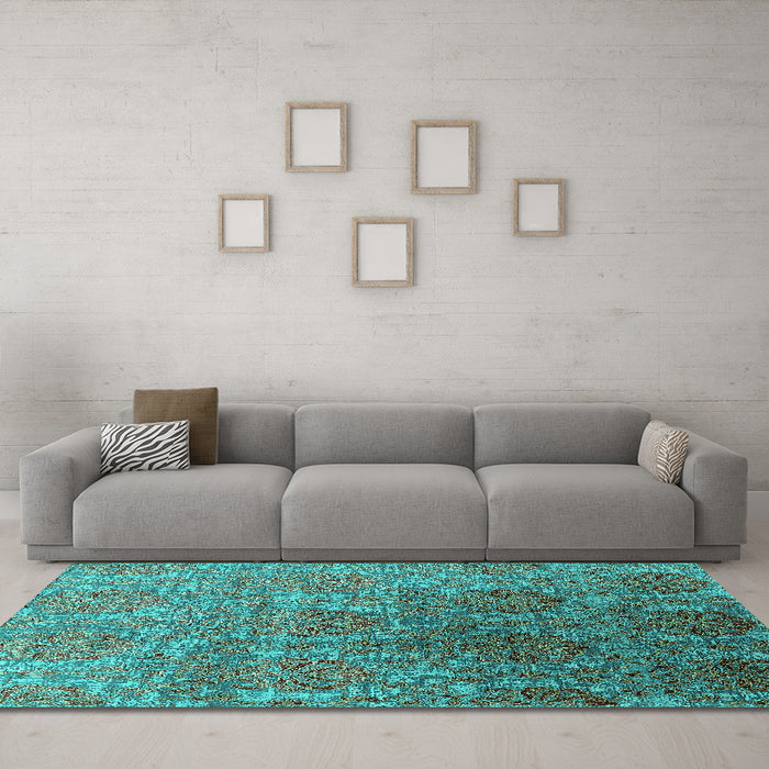 Machine Washable Oriental Turquoise Industrial Area Rugs in a Living Room,, wshurb1455turq