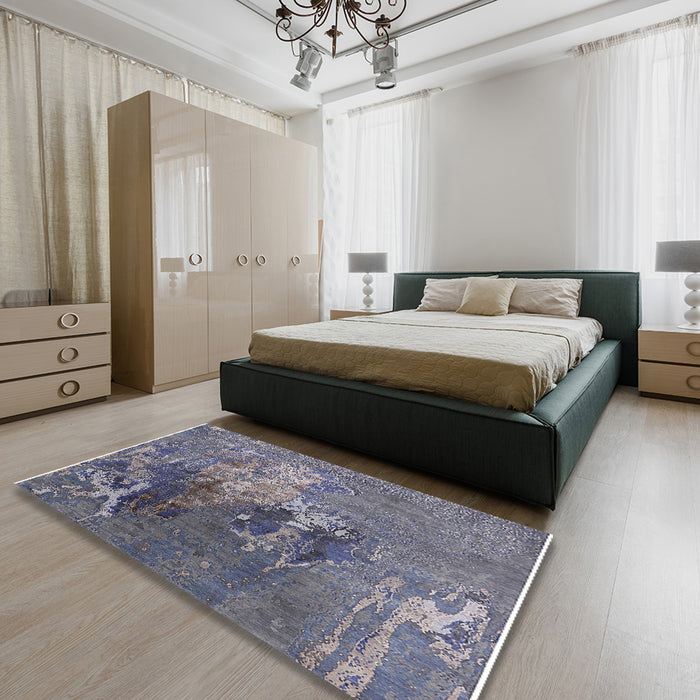 Mid-Century Modern Purple Navy Blue Oriental Rug in a Bedroom, urb1456