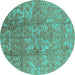 Round Machine Washable Oriental Turquoise Industrial Area Rugs, wshurb1463turq