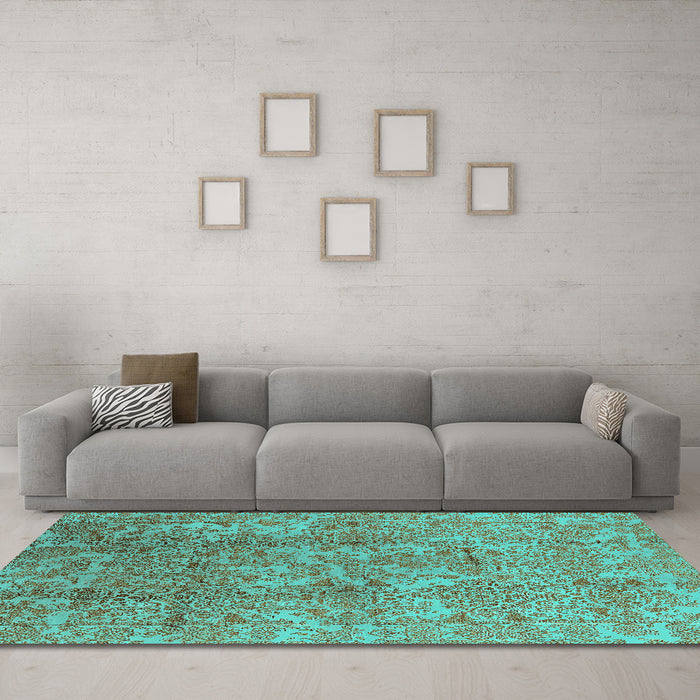 Machine Washable Oriental Turquoise Industrial Area Rugs in a Living Room,, wshurb1463turq