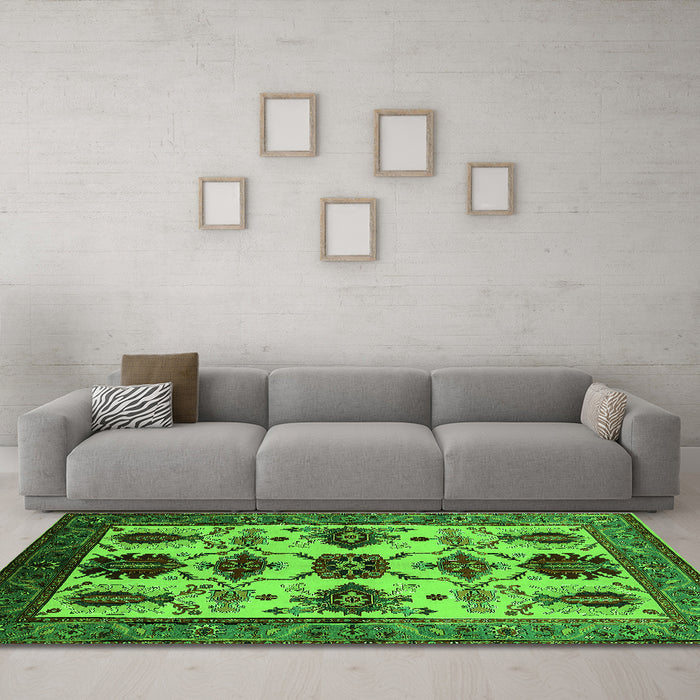 Machine Washable Oriental Green Industrial Area Rugs in a Living Room,, wshurb1465grn