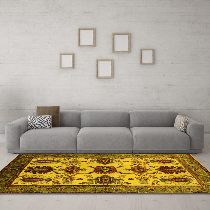 Machine Washable Oriental Yellow Industrial Rug in a Living Room, wshurb1465yw