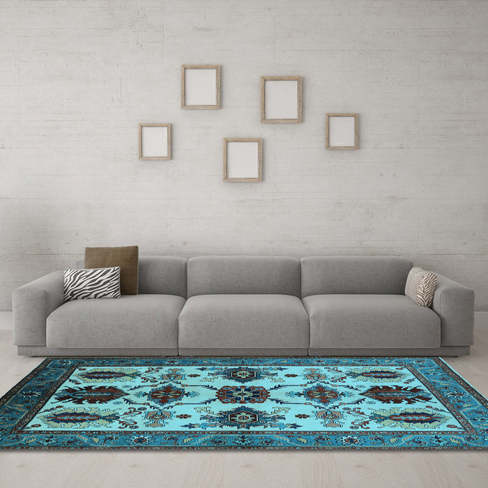 Machine Washable Oriental Light Blue Industrial Rug in a Living Room, wshurb1465lblu