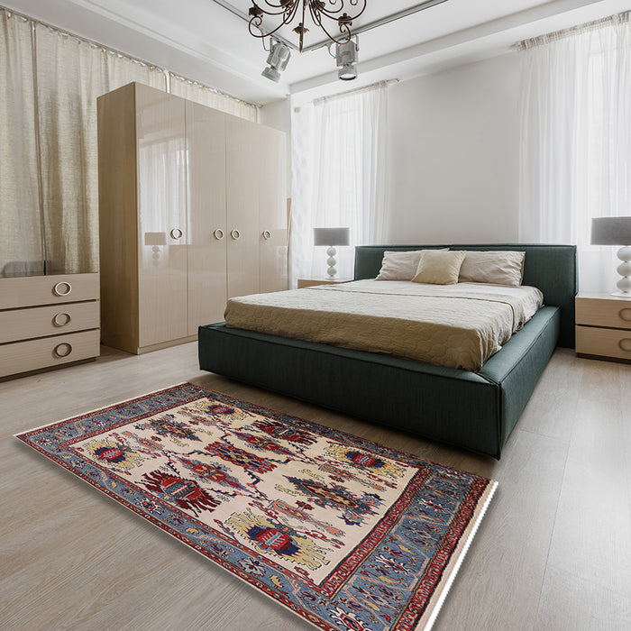 Mid-Century Modern Light French Beige Brown Oriental Rug in a Bedroom, urb1465