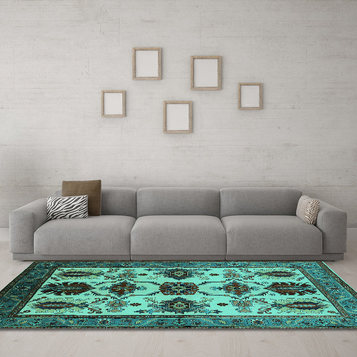 Machine Washable Oriental Turquoise Industrial Area Rugs in a Living Room,, wshurb1465turq