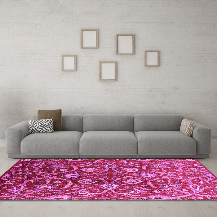 Machine Washable Oriental Pink Industrial Rug in a Living Room, wshurb1466pnk