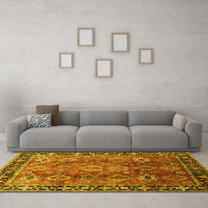 Machine Washable Oriental Yellow Traditional Rug in a Living Room, wshurb1467yw