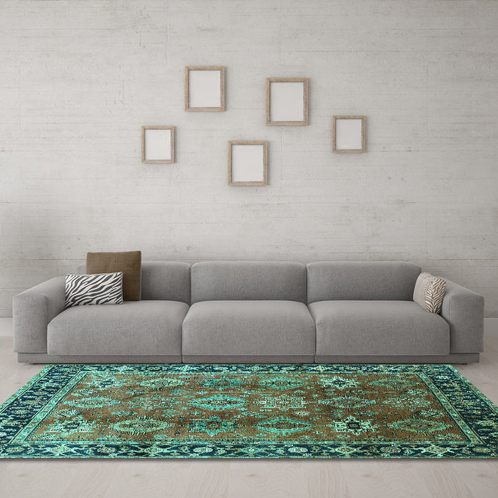 Machine Washable Oriental Turquoise Traditional Area Rugs in a Living Room,, wshurb1467turq
