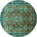 Round Machine Washable Oriental Turquoise Traditional Area Rugs, wshurb1467turq