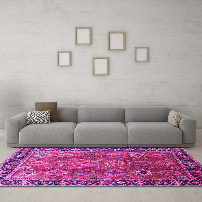 Machine Washable Oriental Pink Traditional Rug in a Living Room, wshurb1467pnk