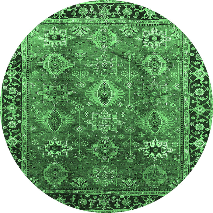 Round Machine Washable Oriental Emerald Green Traditional Area Rugs, wshurb1467emgrn