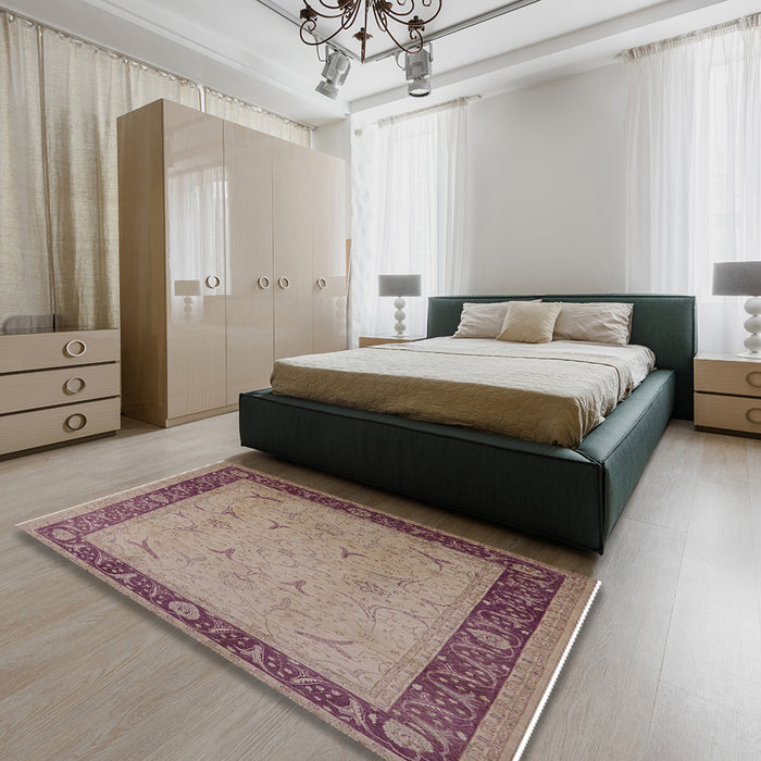 Mid-Century Modern Chestnut Brown Oriental Rug in a Bedroom, urb1468