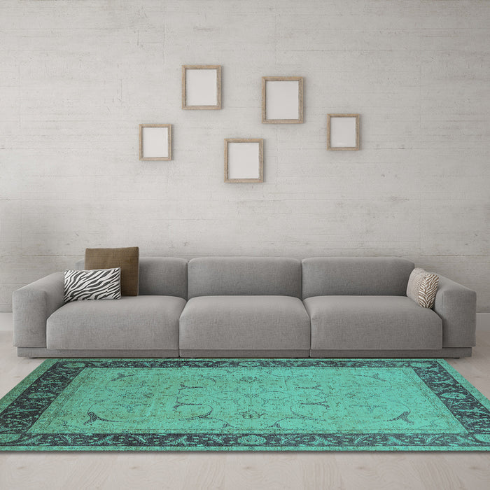 Machine Washable Oriental Turquoise Industrial Area Rugs in a Living Room,, wshurb1468turq