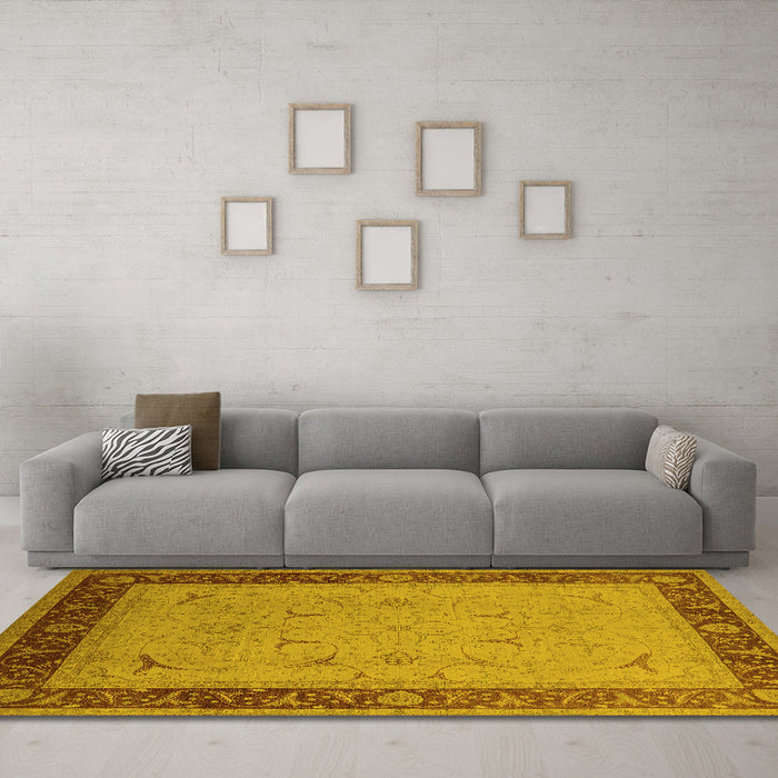Machine Washable Oriental Yellow Industrial Rug in a Living Room, wshurb1468yw