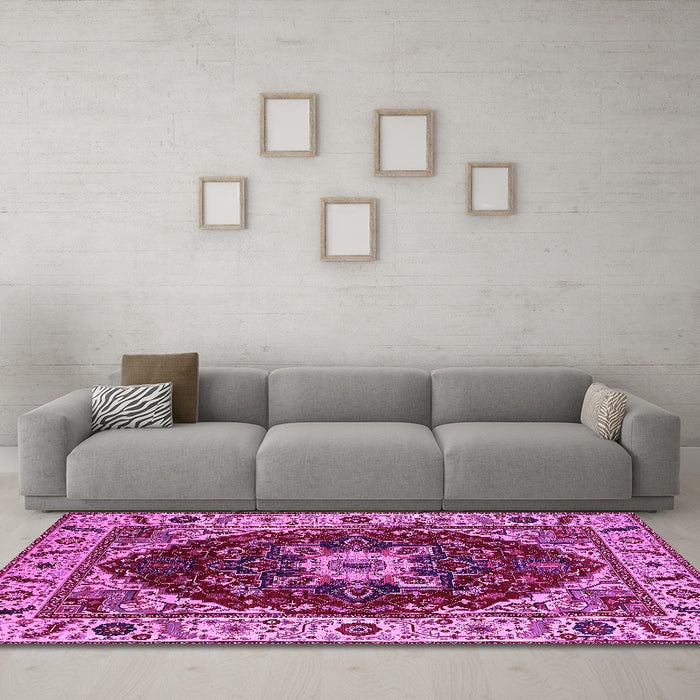 Machine Washable Persian Pink Traditional Rug in a Living Room, wshurb1469pnk