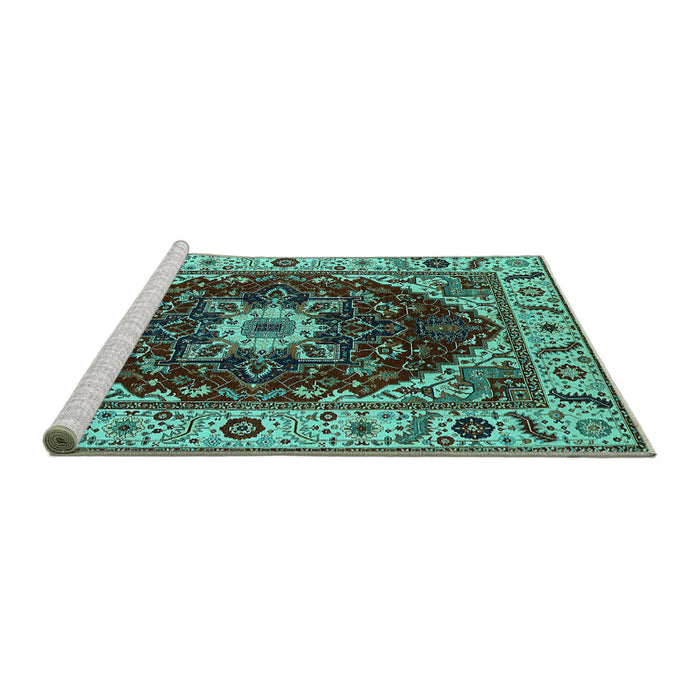 Sideview of Machine Washable Persian Turquoise Traditional Area Rugs, wshurb1469turq