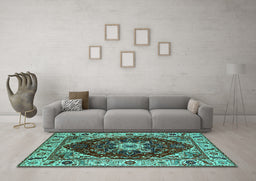 Machine Washable Persian Turquoise Traditional Area Rugs in a Living Room,, wshurb1469turq