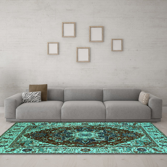 Machine Washable Persian Turquoise Traditional Area Rugs in a Living Room,, wshurb1469turq