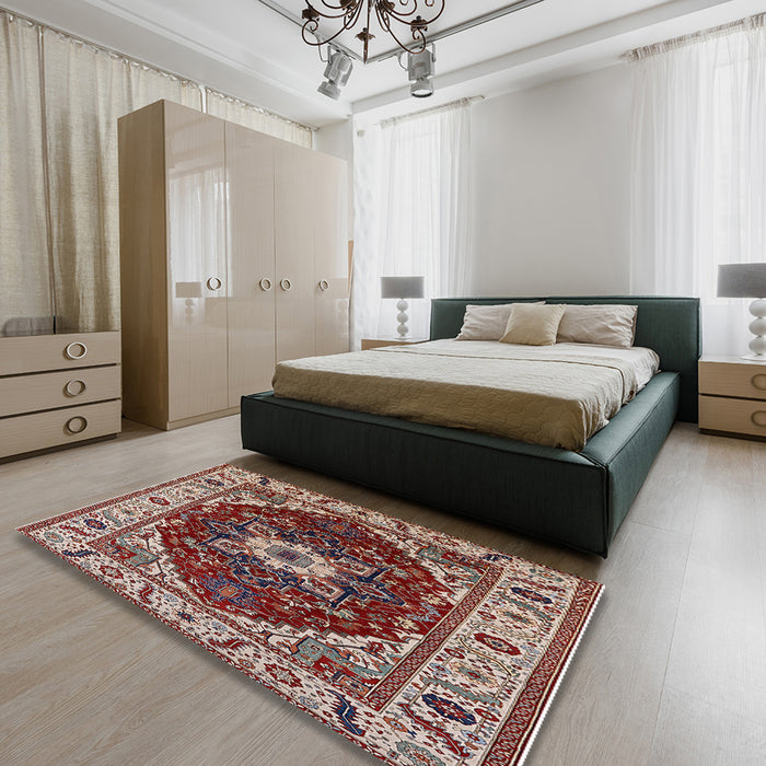 Mid-Century Modern Saffron Red Persian Rug in a Bedroom, urb1469