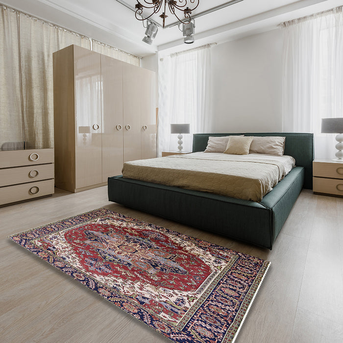 Mid-Century Modern Light French Beige Brown Persian Rug in a Bedroom, urb1470