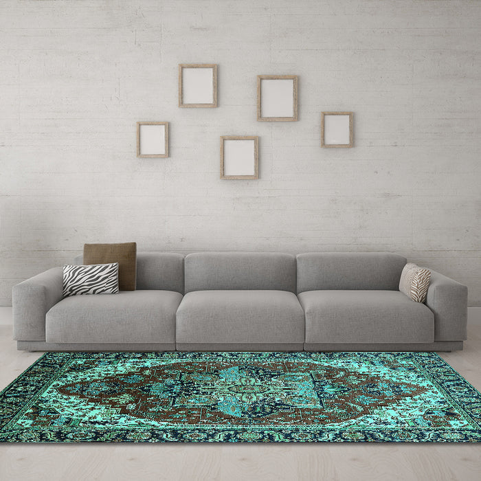 Machine Washable Persian Turquoise Traditional Area Rugs in a Living Room,, wshurb1470turq
