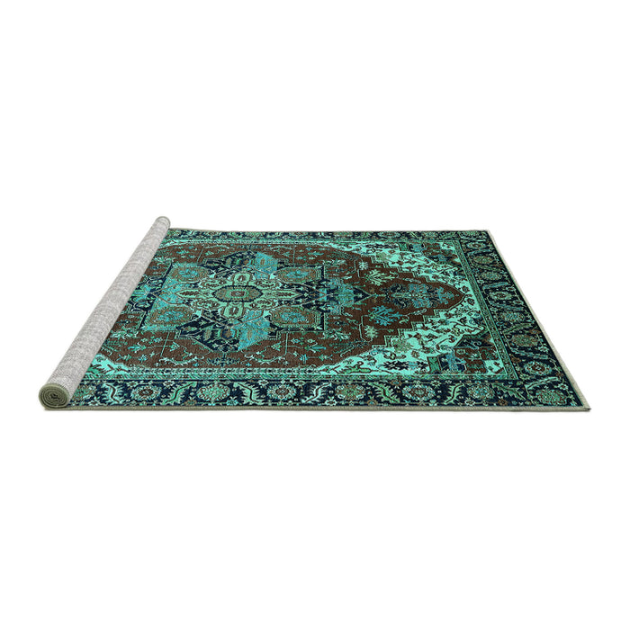 Sideview of Machine Washable Persian Turquoise Traditional Area Rugs, wshurb1470turq