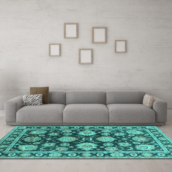 Machine Washable Oriental Turquoise Traditional Area Rugs in a Living Room,, wshurb1471turq