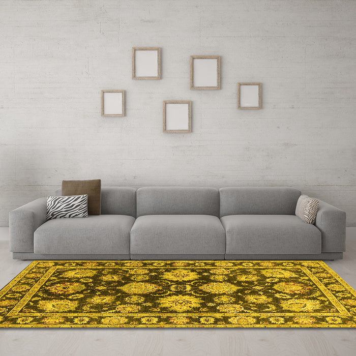 Machine Washable Oriental Yellow Traditional Rug in a Living Room, wshurb1471yw