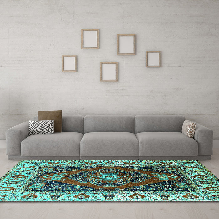 Machine Washable Persian Turquoise Traditional Area Rugs in a Living Room,, wshurb1472turq