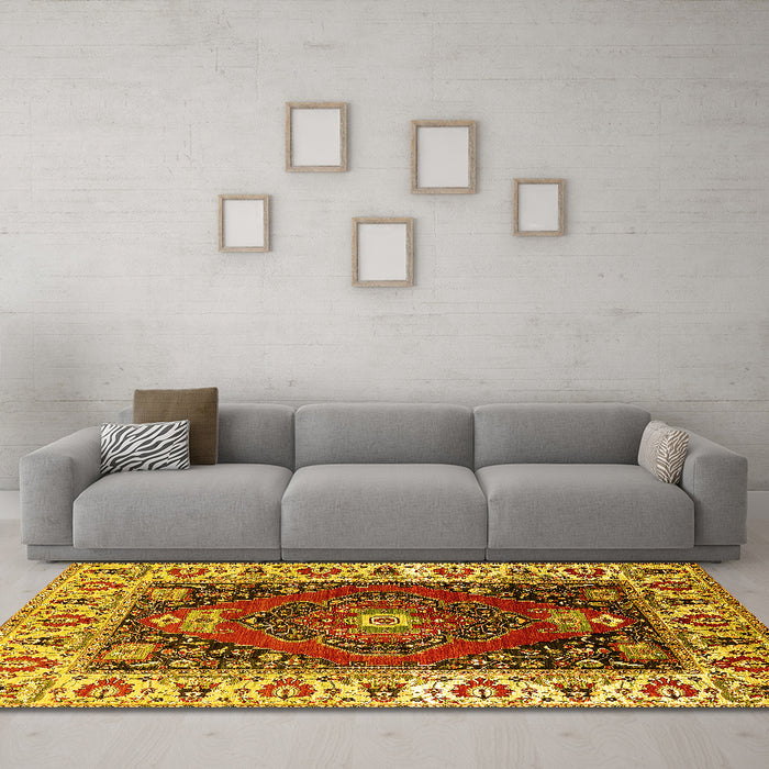 Machine Washable Persian Yellow Traditional Rug in a Living Room, wshurb1472yw